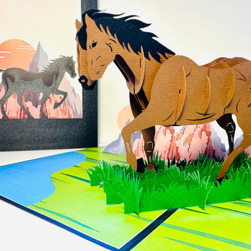 ZANE Spirit Dark Brown Horse Standing on a Green Field Origami Pop Cards 3D Pop Up Greeting Card Happy Birthday Thank You Handmade Gift Thinking of You Blank Card for Any Occasion Happy Mother's Day Happy Father's Australiana Celebrate the Beauty