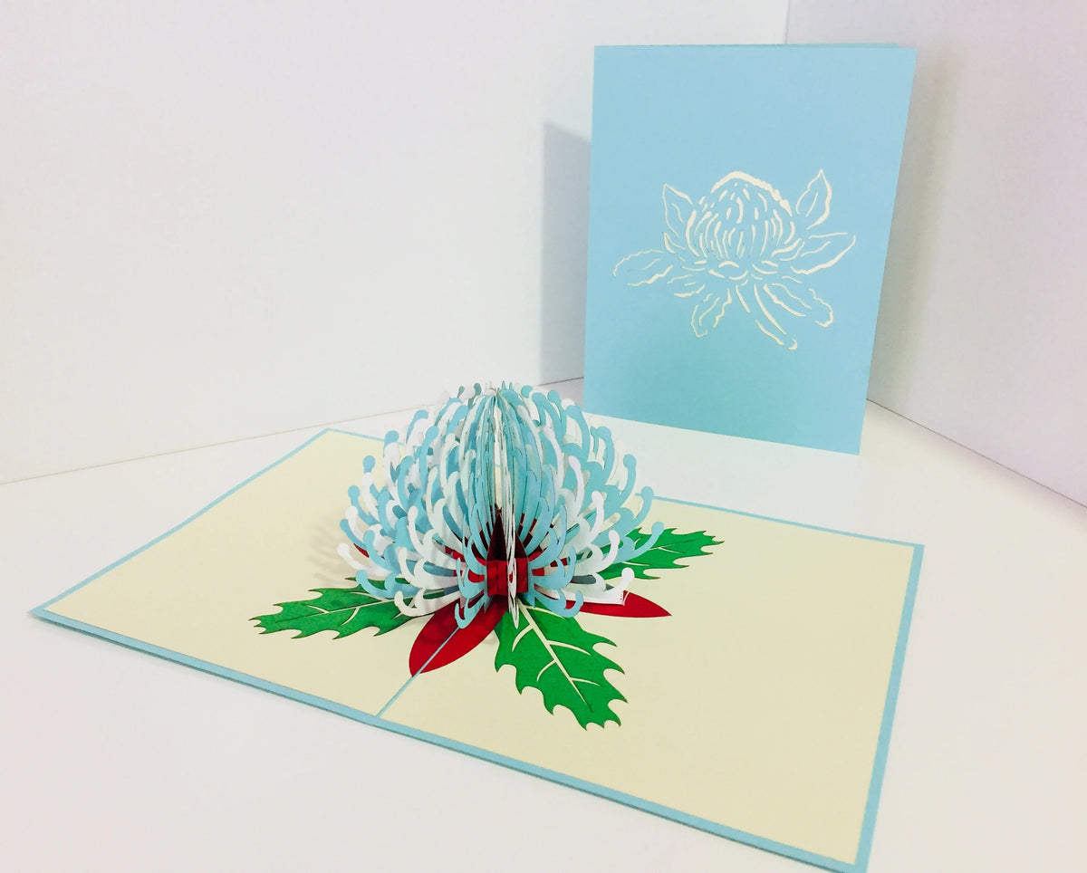 Waratah Australian Native Flower in Turquoise & White Origami Pop Cards 3D Pop Up Greeting Card Happy Birthday Thank You Handmade Gift Thinking of You Blank Card for Any Occasion Happy Mother's Day Happy Father's Australiana