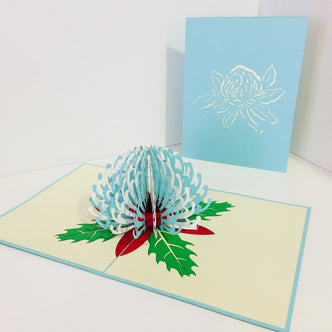 Waratah Australian Native Flower in Turquoise & White Origami Pop Cards 3D Pop Up Greeting Card Happy Birthday Thank You Handmade Gift Thinking of You Blank Card for Any Occasion Happy Mother's Day Happy Father's Australiana
