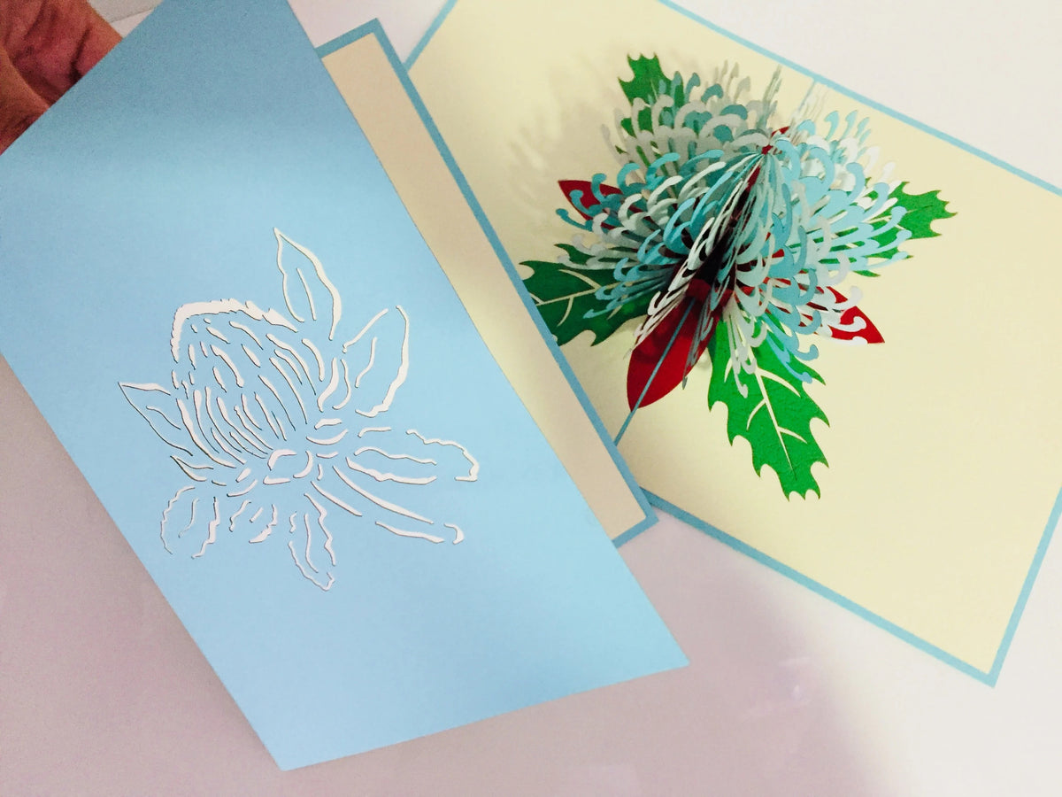 Waratah Australian Native Flower in Turquoise & White Origami Pop Cards 3D Pop Up Greeting Card Happy Birthday Thank You Handmade Gift Thinking of You Blank Card for Any Occasion Happy Mother's Day Happy Father's Australiana