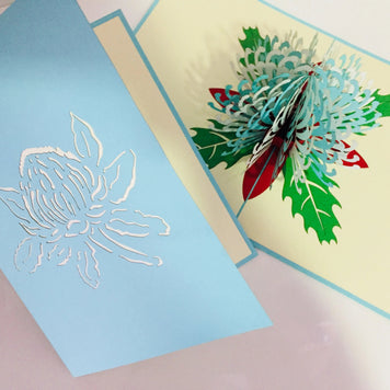 Waratah Australian Native Flower in Turquoise & White Origami Pop Cards 3D Pop Up Greeting Card Happy Birthday Thank You Handmade Gift Thinking of You Blank Card for Any Occasion Happy Mother's Day Happy Father's Australiana