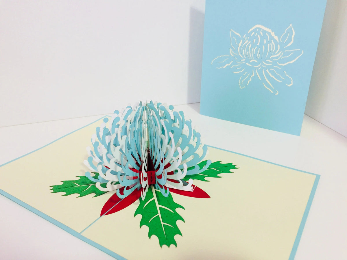 Waratah Australian Native Flower in Turquoise & White Origami Pop Cards 3D Pop Up Greeting Card Happy Birthday Thank You Handmade Gift Thinking of You Blank Card for Any Occasion Happy Mother's Day Happy Father's Australiana