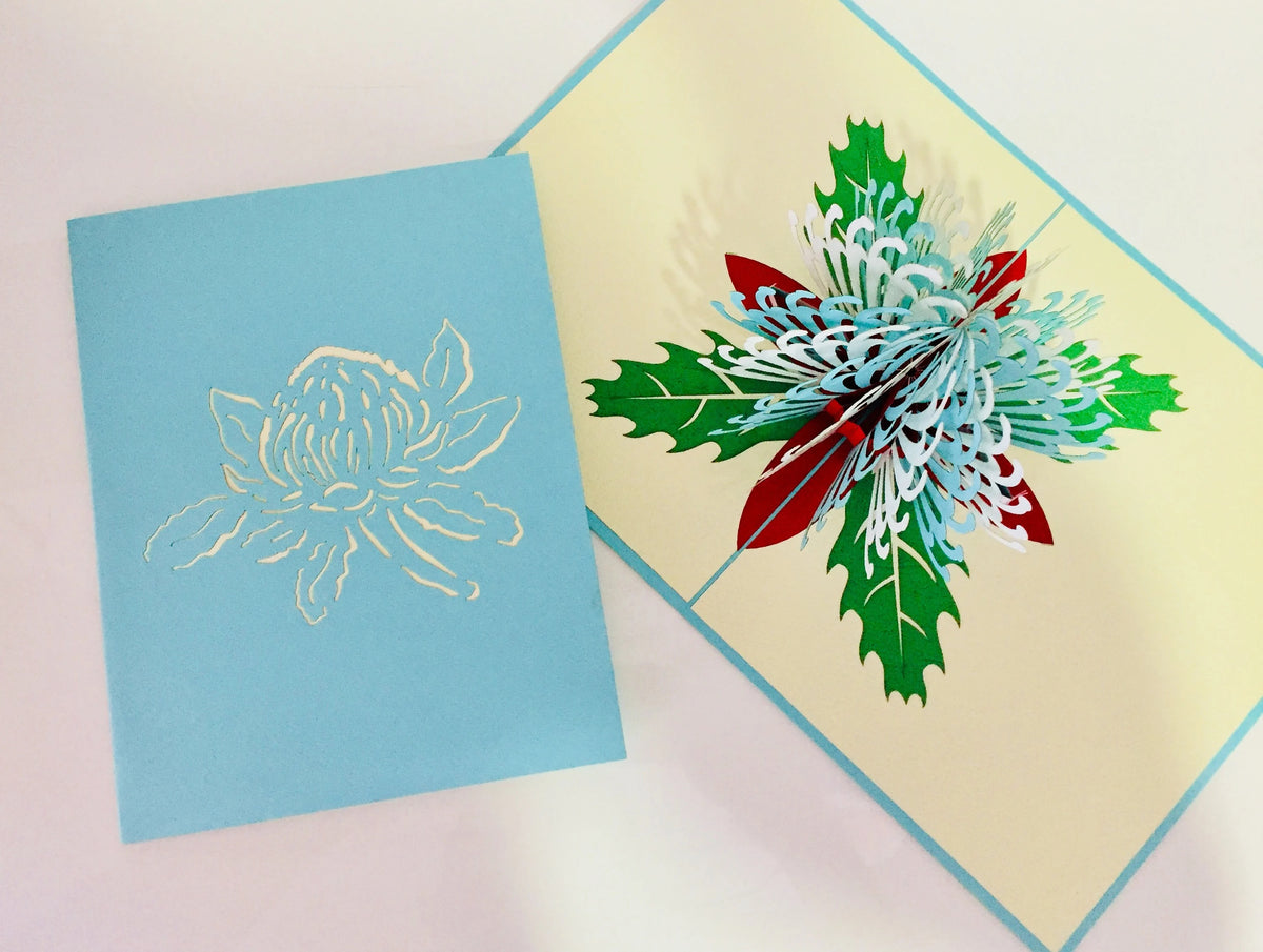 Waratah Australian Native Flower in Turquoise & White Origami Pop Cards 3D Pop Up Greeting Card Happy Birthday Thank You Handmade Gift Thinking of You Blank Card for Any Occasion Happy Mother's Day Happy Father's Australiana