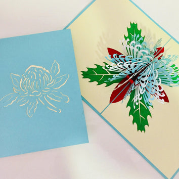 Waratah Australian Native Flower in Turquoise & White Origami Pop Cards 3D Pop Up Greeting Card Happy Birthday Thank You Handmade Gift Thinking of You Blank Card for Any Occasion Happy Mother's Day Happy Father's Australiana