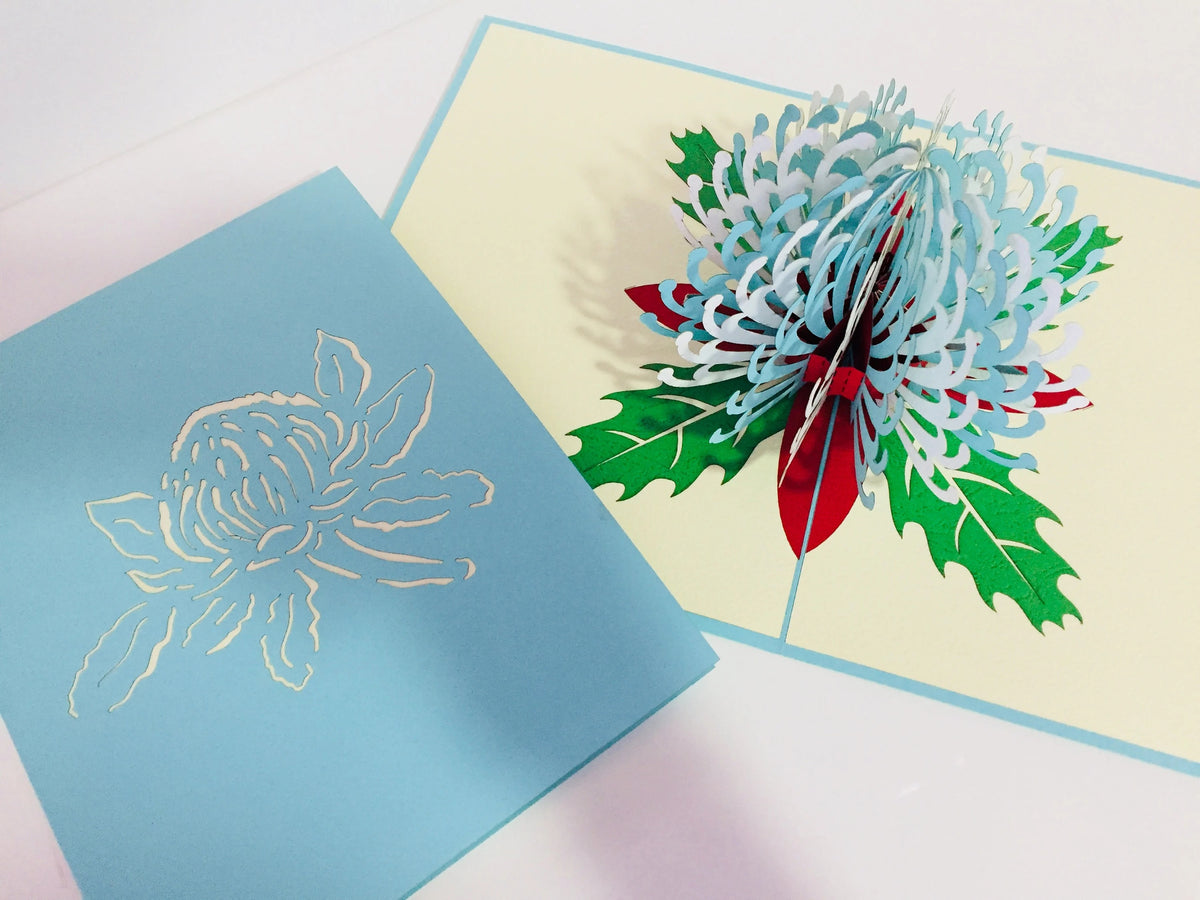 Waratah Australian Native Flower in Turquoise & White Origami Pop Cards 3D Pop Up Greeting Card Happy Birthday Thank You Handmade Gift Thinking of You Blank Card for Any Occasion Happy Mother's Day Happy Father's Australiana