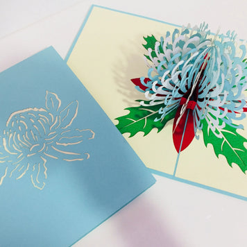 Waratah Australian Native Flower in Turquoise & White Origami Pop Cards 3D Pop Up Greeting Card Happy Birthday Thank You Handmade Gift Thinking of You Blank Card for Any Occasion Happy Mother's Day Happy Father's Australiana