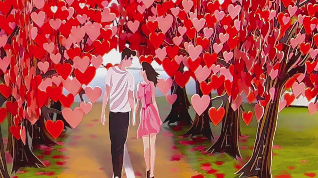 Love Heart Cherry Blossom Forest with a Couple in Love 3D POP UP GREETING CARD - Created by Origami Pop Cards Australian Design & Handmade 3D Pop Up Magical Paper Cards, Handmade Pop Up Cards Happy Valentine's Day Celebrate Love Heart Fell and Romantic