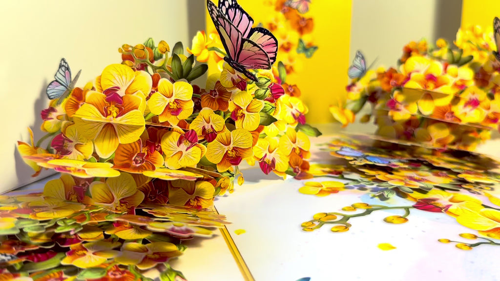 Yellow Golden Orchid Garden with Butterflies Origami Pop Cards 3D Pop Up Greeting Card Best Wishes Happy Birthday Thank You Handmade Best Wishes Blank Card for Any Occasion Happy Mother's Day Happy Father's Day Celebrate The Beauty of Flower and Nature