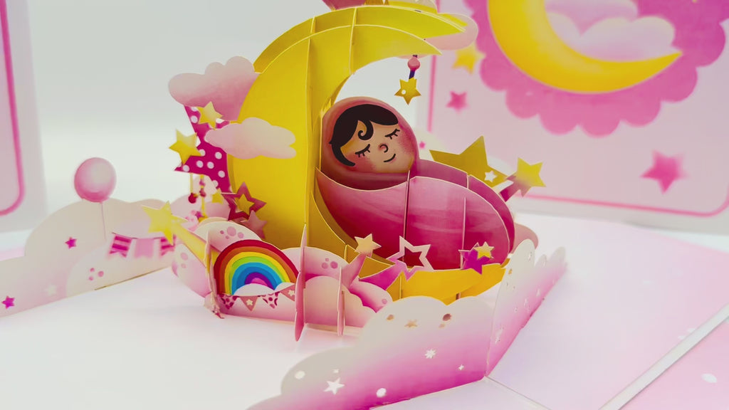 Pink Newborn Baby Girl Sleeping on A Crescent Moon Under Starry Night Sky Origami Pop Cards 3D Pop Up Greeting Card Happy Birthday Thank You Handmade Gift Thinking of You Blank Card for Any Occasion Happy Mother's Day Happy Newborn Baby