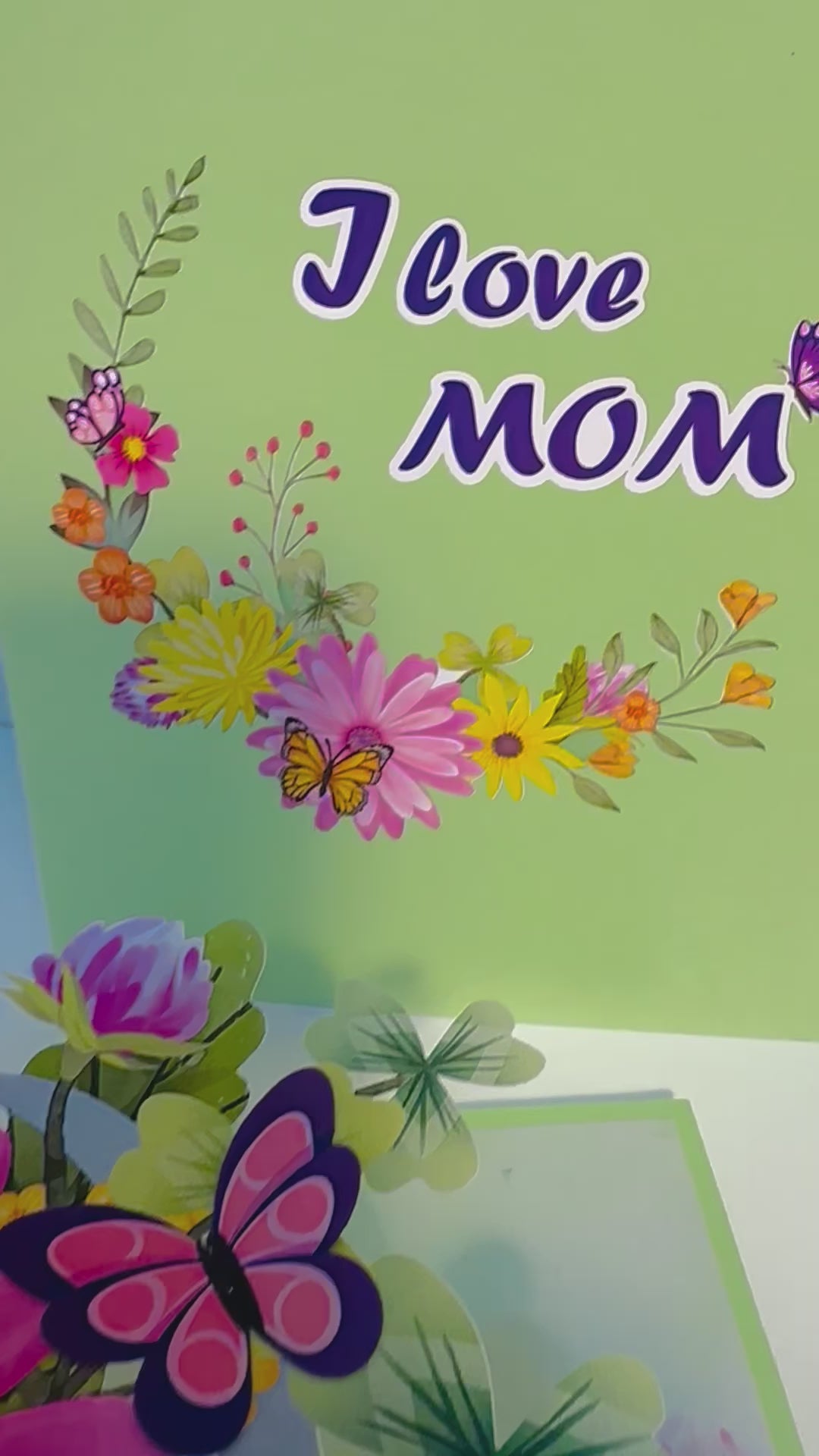 I LOVE MOM - Green Daisy Butterfly Spring Garden Origami Pop Cards 3D Pop Up Greeting Card Handmade Gift for Mum Floral Blank Card Australian Made Thank You Thinking of You Mother's Day Paper Art Gift Australian Flowers Celebrate Special Mum