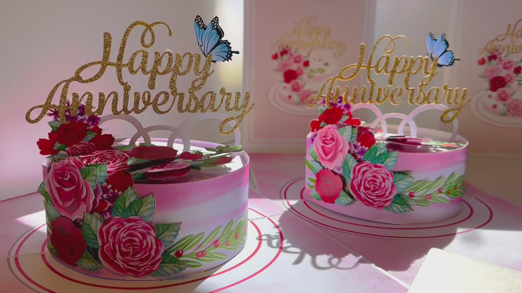 Happy Anniversary Cake with Blue Butterflies 3D POP UP GREETING CARD - Created by Origami Pop Cards Australian Design & Handmade 3D Pop Up Magical Paper Cards, Handmade Pop Up Cards Happy Valentine's Day Celebrate Love Heart Fell and Romantic