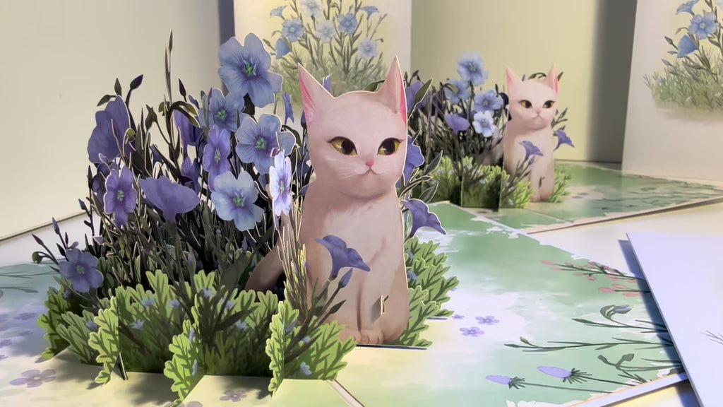 Wild Blue Flax Flower Garden with a White Cat Origami Pop Cards 3D Pop Up Greeting Card Best Wishes Happy Birthday Gift Thank You Handmade Best Wishes Blank Card for Any Occasion Happy Mother's Day Happy Father's Day Celebrate the Beauty Of Nature