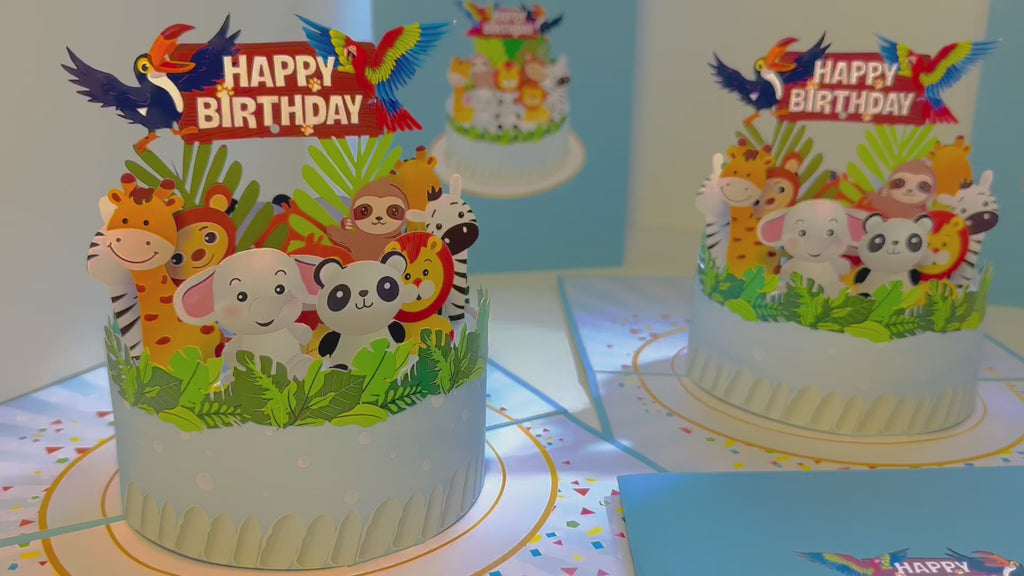 Happy Birthday Cake Safari Baby Jungle Party Origami Pop Cards 3D Pop Up Greeting Card Thank You Handmade Gift Thinking of You Happy Birthday Occasion Australiana Celebrate the Beauty and Happiness During Special Day Best Wishes Gift
