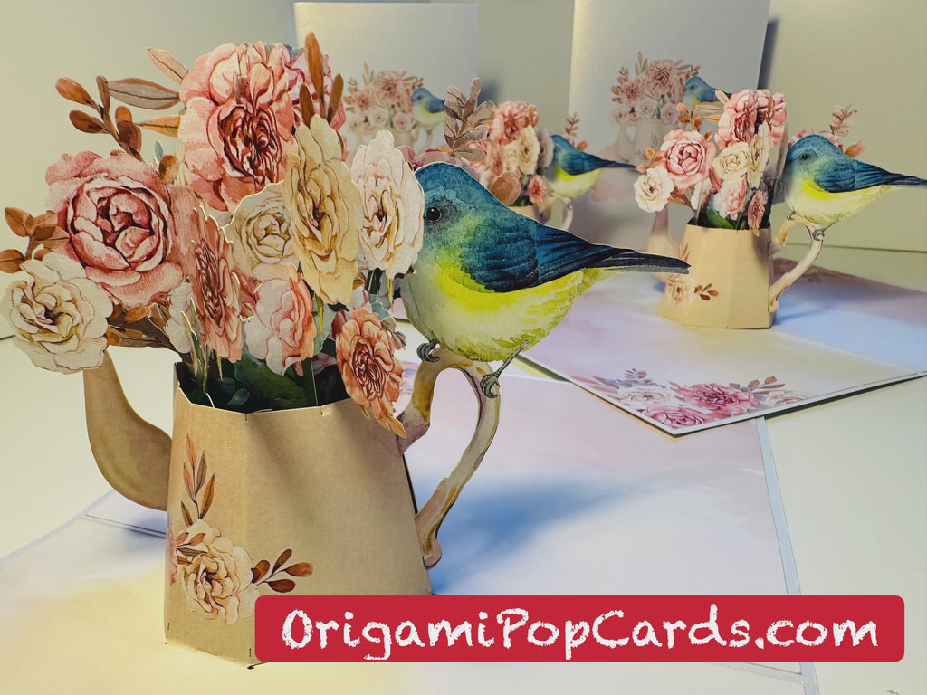 Vintage Watering Can with Roses & a Blue Bird Origami Pop Cards 3D Pop Up Greeting Card Happy Birthday Thank You Handmade Gift Thinking of You Blank Card for Any Occasion Happy Mother's Day Happy Father's Australiana Celebrate the Beauty of Flower