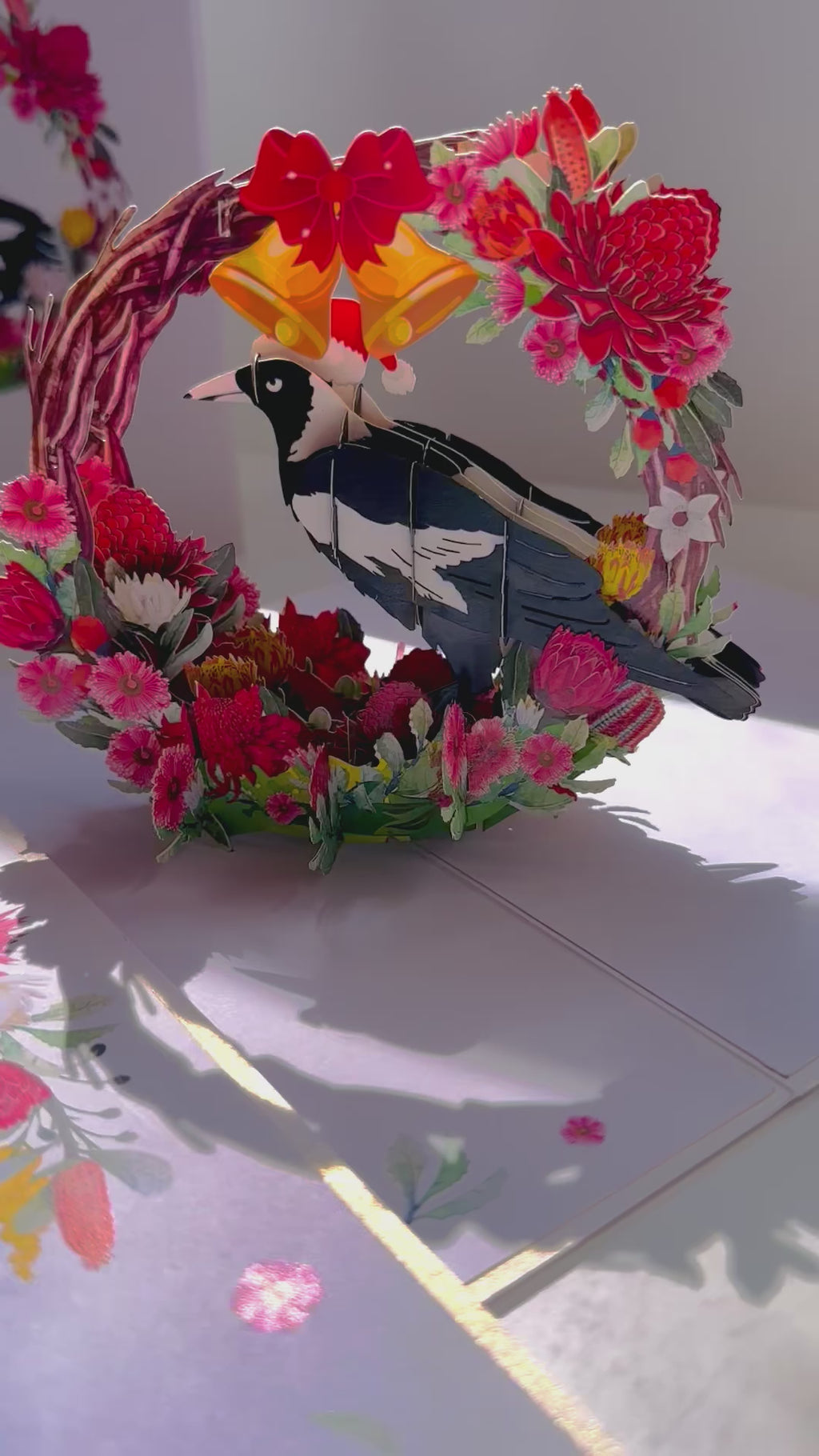 Merry Christmas Australian Magpie Bird & Native Flower Wreath Origami Pop Cards 3D Pop Up Greeting Card Merry Christmas Thank You Handmade Best Wishes Blank Card Gift Happy Holidays Celebrate the Special Day Moment with Family and Friends
