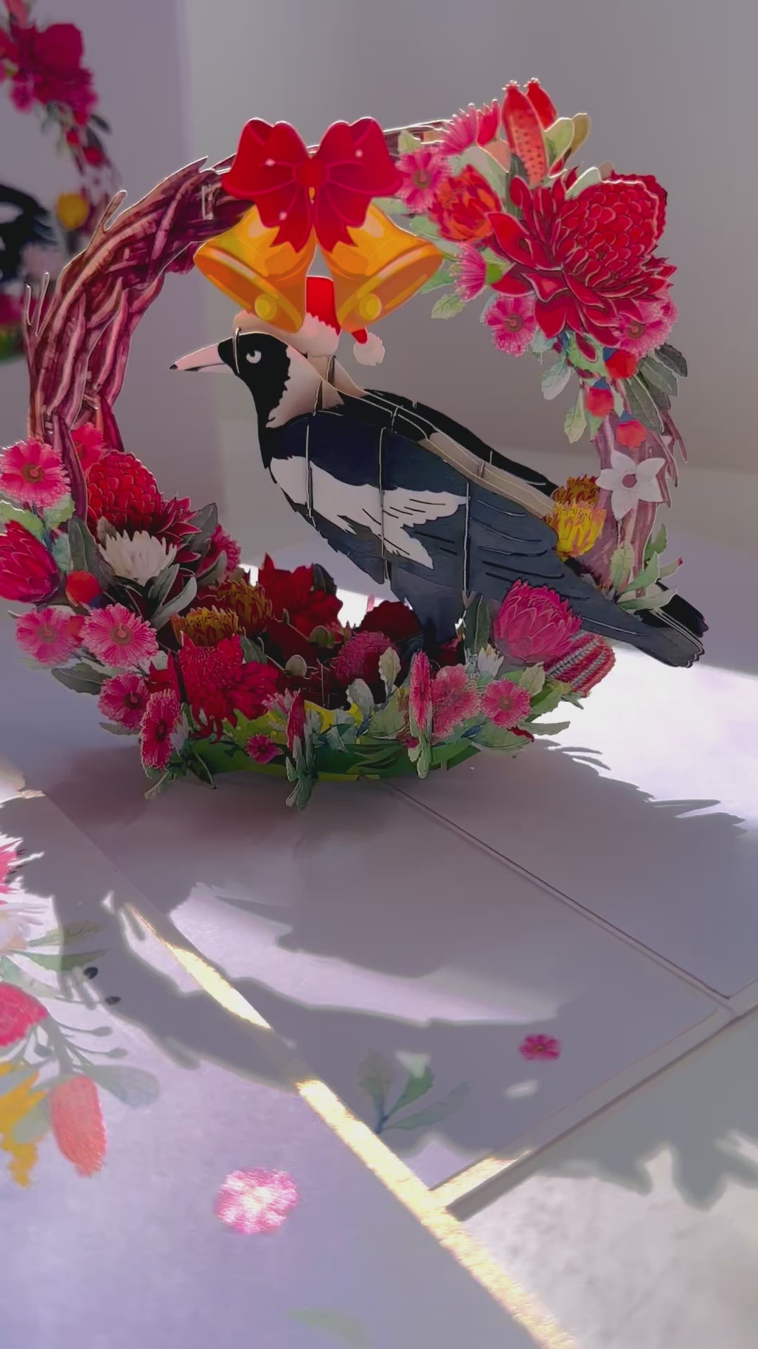 Merry Christmas Australian Magpie Bird & Native Flower Wreath Origami Pop Cards 3D Pop Up Greeting Card Merry Christmas Thank You Handmade Best Wishes Blank Card Gift Happy Holidays Celebrate the Special Day Moment with Family and Friends