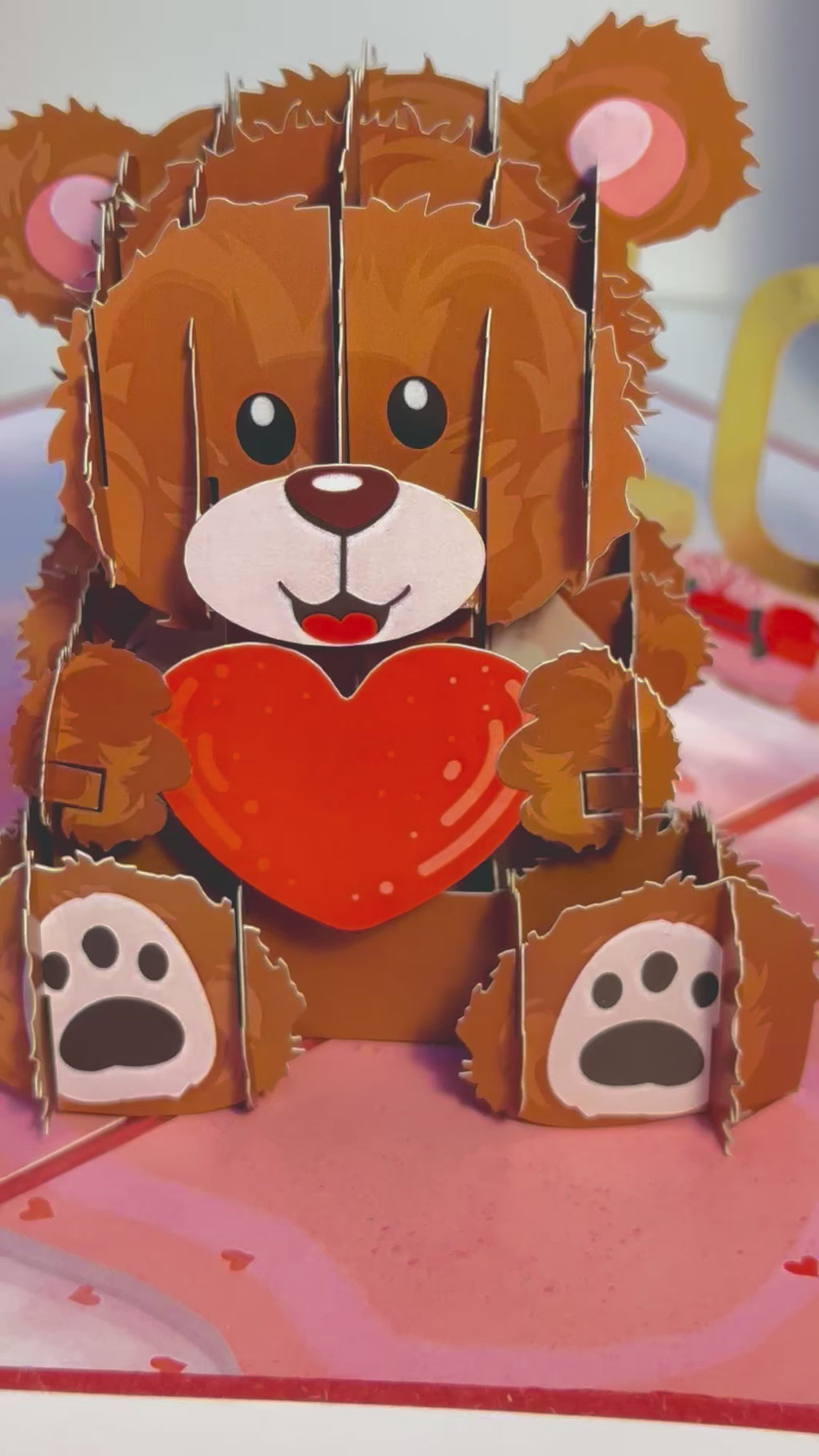LOVE Brown Teddy Holding a Love Heart & Presents 3D POP UP GREETING CARD - Created by Origami Pop Cards Australian Design & Handmade 3D Pop Up Magical Paper Cards, Handmade Pop Up Cards Happy Valentine's Day Celebrate Love Heart Fell and Romantic