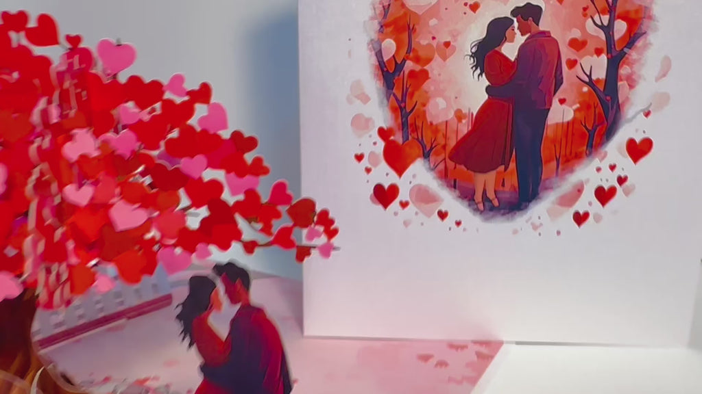 Couple in Love under a Hot Pink Love Heart Cherry Blossom Tree 3D POP UP GREETING CARD - Created by Origami Pop Cards Australian Design & Handmade 3D Pop Up Magical Paper Cards, Handmade Pop Up Cards Celebrate Love Anniversary Heart Fell and Romantic
