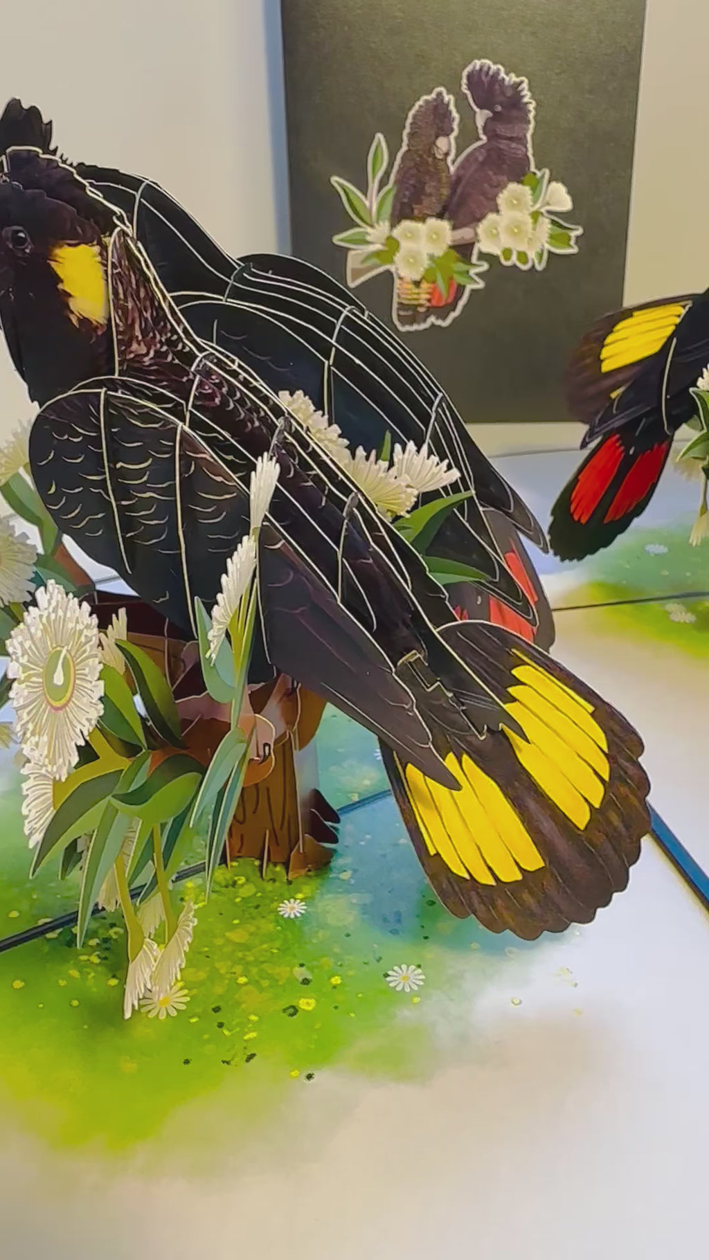 DOUBLE Red-Tailed & Yellow-Tailed Black Cockatoos - Aussie Bird Origami Pop Cards 3D Pop Up Greeting Card Happy Birthday Thank You Handmade Gift Thinking of You Blank Card for Any Occasion Happy Mother's Day Happy Father's Australiana Birds