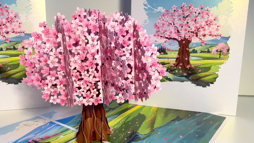 Plum Pink Cherry Blossom Tree on Green Fields Origami Pop Cards 3D Pop Up Greeting Card Best Wishes Happy Birthday Gift Thank You Handmade Best Wishes Blank Card for Any Occasion Happy Mother's Day Happy Father's Day Celebrate The Beauty of Flower