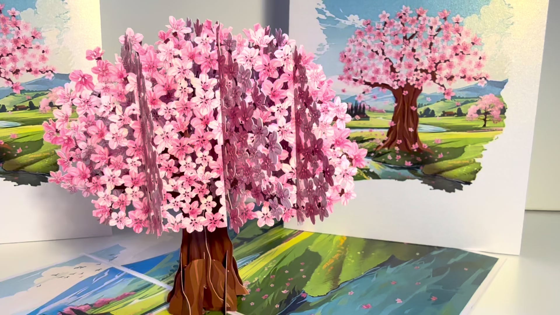 Plum Pink Cherry Blossom Tree on Green Fields Origami Pop Cards 3D Pop Up Greeting Card Best Wishes Happy Birthday Gift Thank You Handmade Best Wishes Blank Card for Any Occasion Happy Mother's Day Happy Father's Day Celebrate The Beauty of Flower