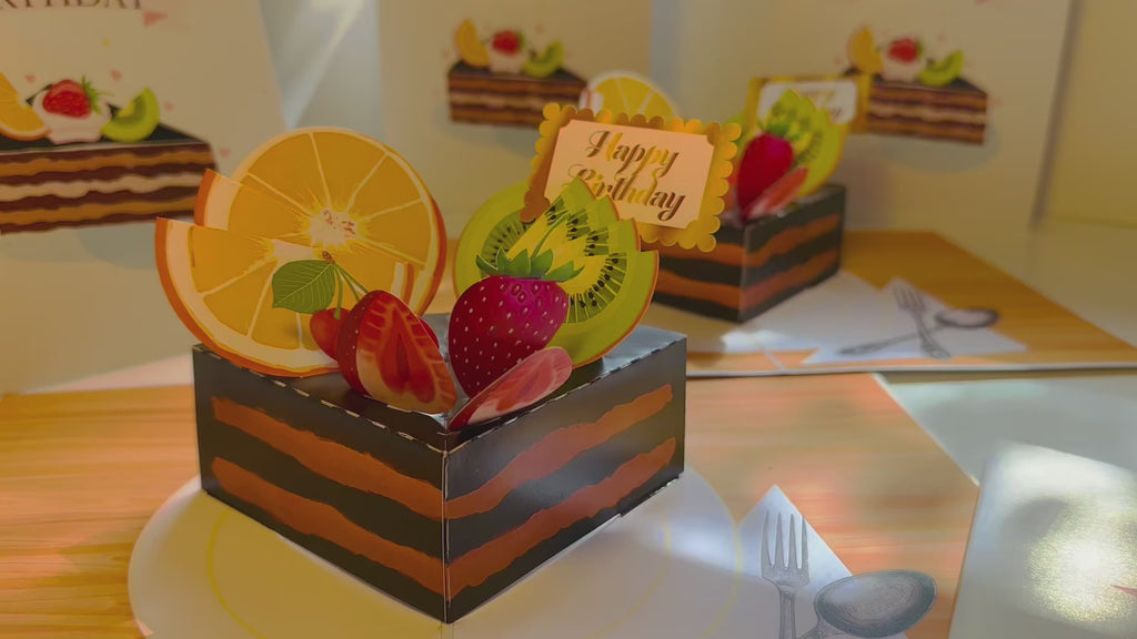 Happy Birthday Chocolate Cake with Mixed Fruits Origami Pop Cards 3D Pop Up Greeting Card Thank You Handmade Gift Thinking of You Happy Birthday Occasion Australiana Celebrate the Beauty and Happiness During Special Day Best Wishes Gift