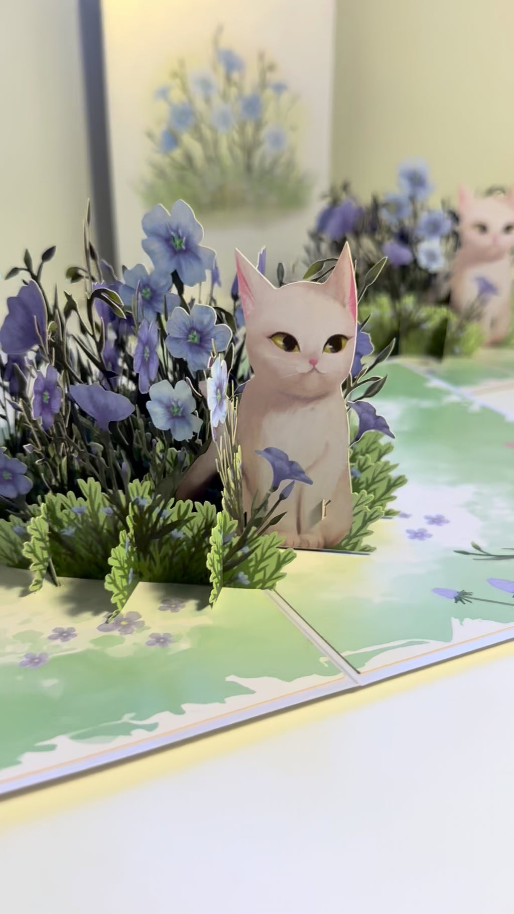 Wild Blue Flax Flower Garden with a White Cat Origami Pop Cards 3D Pop Up Greeting Card Best Wishes Happy Birthday Gift Thank You Handmade Best Wishes Blank Card for Any Occasion Happy Mother's Day Happy Father's Day Celebrate the Beauty Of Nature