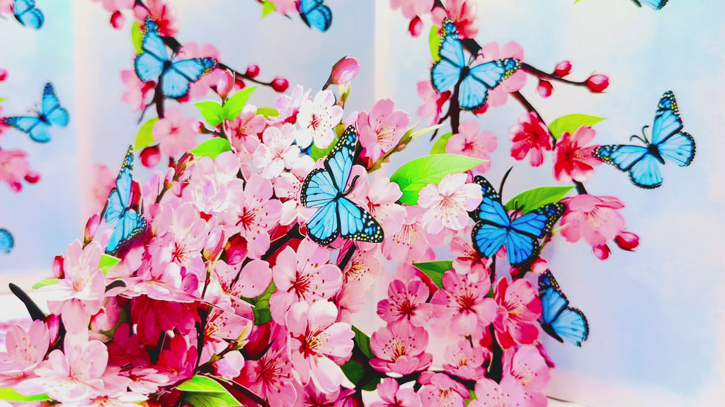Pink Cherry Blossom Garden with Blue Butterflies Origami Pop Cards 3D Pop Up Greeting Card Best Wishes Happy Birthday Gift Thank You Handmade Best Wishes Blank Card for Any Occasion Happy Mother's Day Happy Father's Day Celebrate The Beauty of Flower