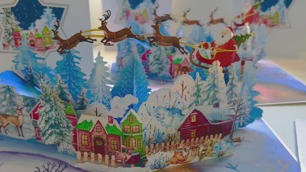 Snowy Village with Flying Santa Sleigh & Reindeers Origami Pop Cards 3D Pop Up Greeting Card Merry Christmas Thank You Handmade Best Wishes Blank Card Gift Happy Holidays Celebrate the Special Day Moment with Family and Friends