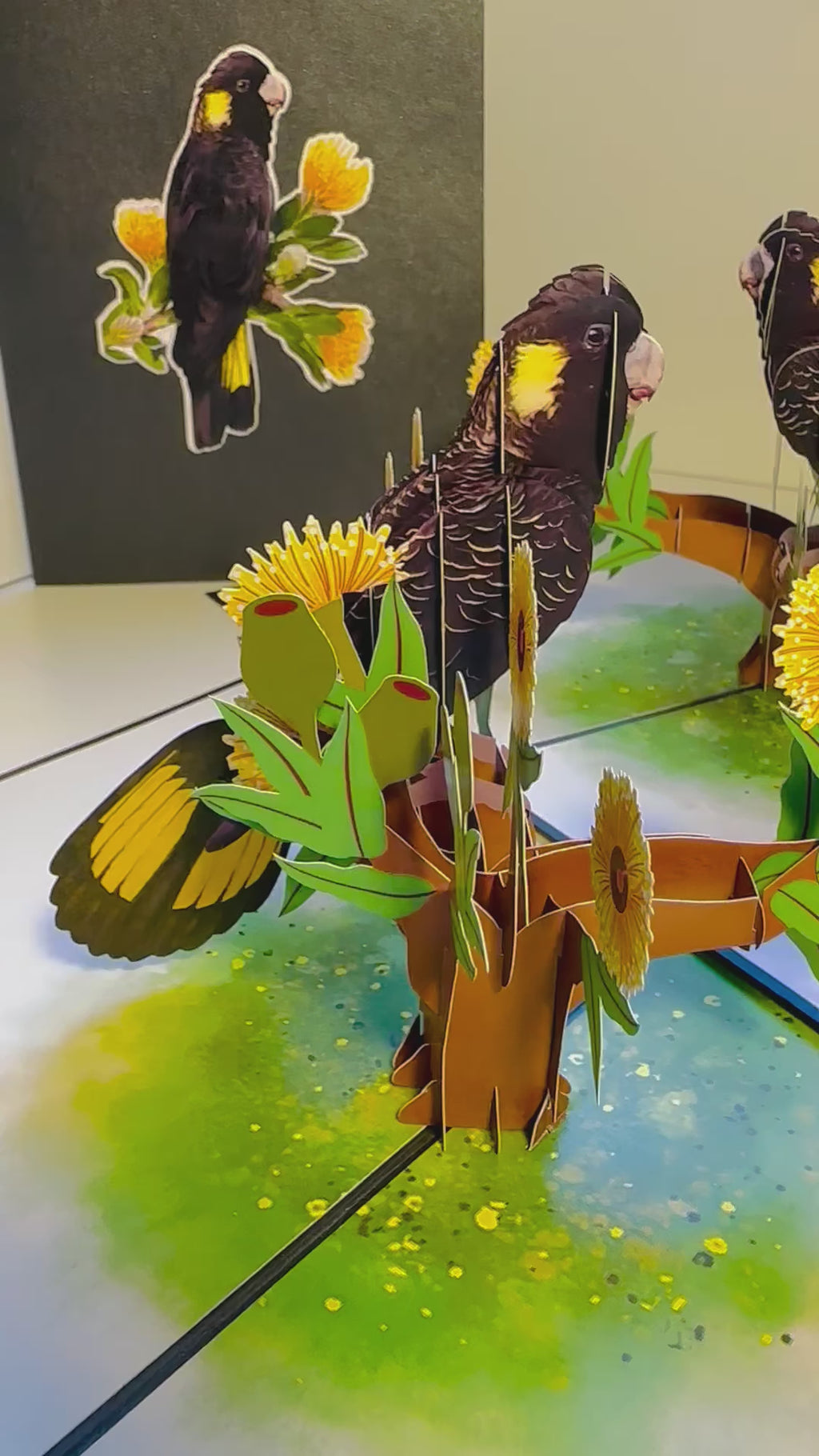 Yellow-Tailed Black Cockatoo with Golden Gum Blossoms - Australian Bird Origami Pop Cards 3D Pop Up Greeting Card Happy Birthday Thank You Handmade Gift Thinking of You Blank Card for Any Occasion Happy Mother's Day Happy Father's Australiana Birds