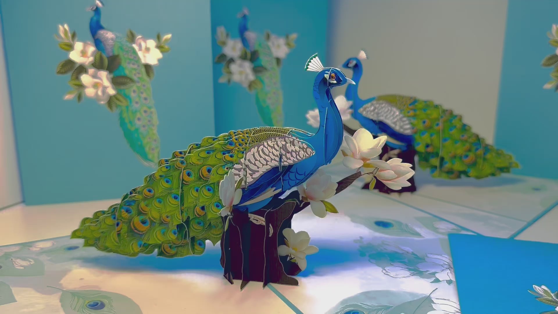 Asian Oriental Blue Green Peacock with White Magnolia Flowers Origami Pop Cards 3D Pop Up Greeting Card Happy Birthday Thank You Handmade Best Wishes Blank Card for Any Occasion Happy Mother's Day Happy Father's Day Celebrate the Beauty Of Nature