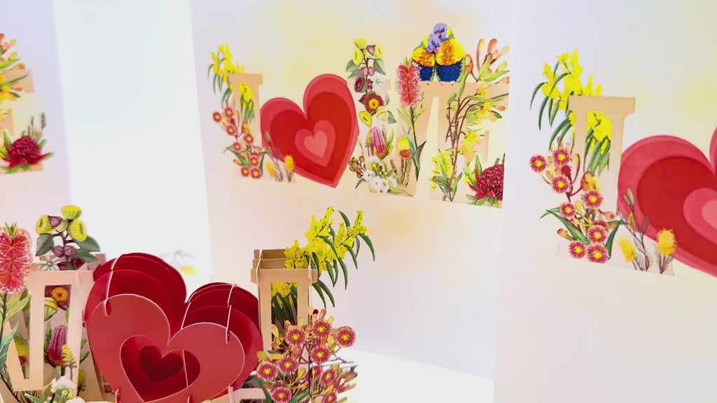 Rainbow Lorikeet LOVE Birds with Australian Native Flowers 3D POP UP GREETING CARD - Created by Origami Pop Cards Australian Design & Handmade 3D Pop Up Magical Paper Cards, Handmade Pop Up Cards Celebrate Love Anniversary Heart Fell and Romantic