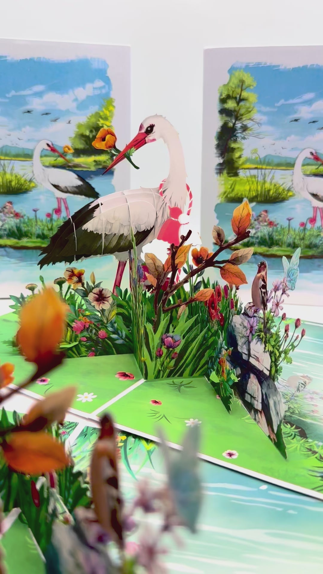 White Stork Bird in Lake with Spring Flowers Origami Pop Cards 3D Pop Up Greeting Card Best Wishes Happy Birthday Gift Thank You Handmade Best Wishes Blank Card for Any Occasion Happy Mother's Day Happy Father's Day Celebrate the Beauty Of Nature