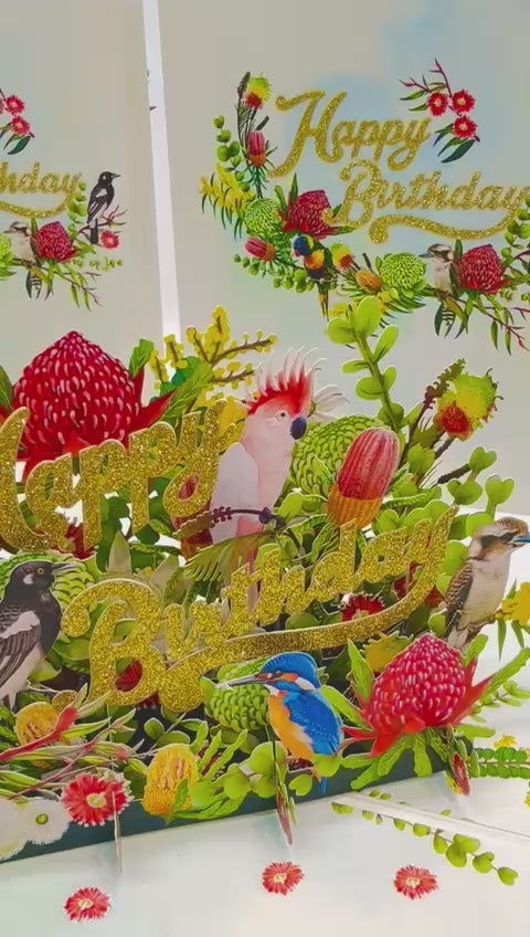 Australian Native Garden & Birds Happy Birthday Origami Pop Cards 3D Pop Up Greeting Card Thank You Handmade Gift Thinking of You Happy Birthday Occasion Australiana Celebrate the Beauty and Happiness During Special Day Best Wishes Gift