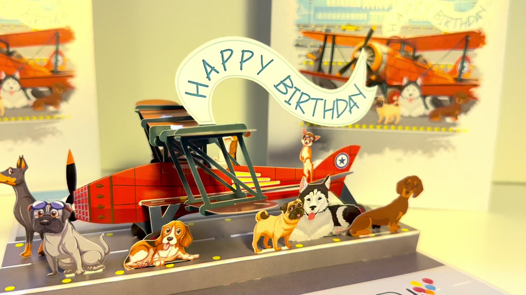 Happy Birthday Antique Aircraft & Dogs Origami Pop Cards 3D Pop Up Greeting Card Thank You Handmade Gift Thinking of You Blank Card for Happy Birthday Occasion Australiana Celebrate the Beauty and Happiness During Special Day Best Wishes Gift