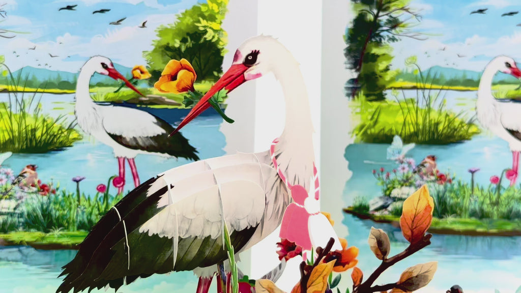 White Stork Bird in Lake with Spring Flowers Origami Pop Cards 3D Pop Up Greeting Card Best Wishes Happy Birthday Gift Thank You Handmade Best Wishes Blank Card for Any Occasion Happy Mother's Day Happy Father's Day Celebrate the Beauty Of Nature