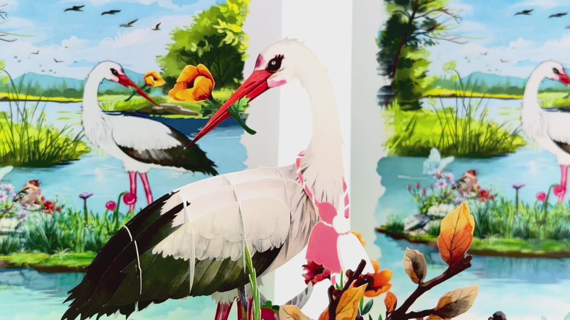 White Stork Bird in Lake with Spring Flowers Origami Pop Cards 3D Pop Up Greeting Card Best Wishes Happy Birthday Gift Thank You Handmade Best Wishes Blank Card for Any Occasion Happy Mother's Day Happy Father's Day Celebrate the Beauty Of Nature