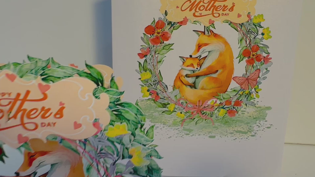 Happy Mother's Day - Sweet Mum & Baby Fox in Floral Wreath Origami Pop Cards 3D Pop Up Greeting Card Handmade Gift for Mum Floral Blank Card Australian Made Thank You Thinking of You Mother's Day Paper Art Gift Australian Flowers Celebrate Special Mum