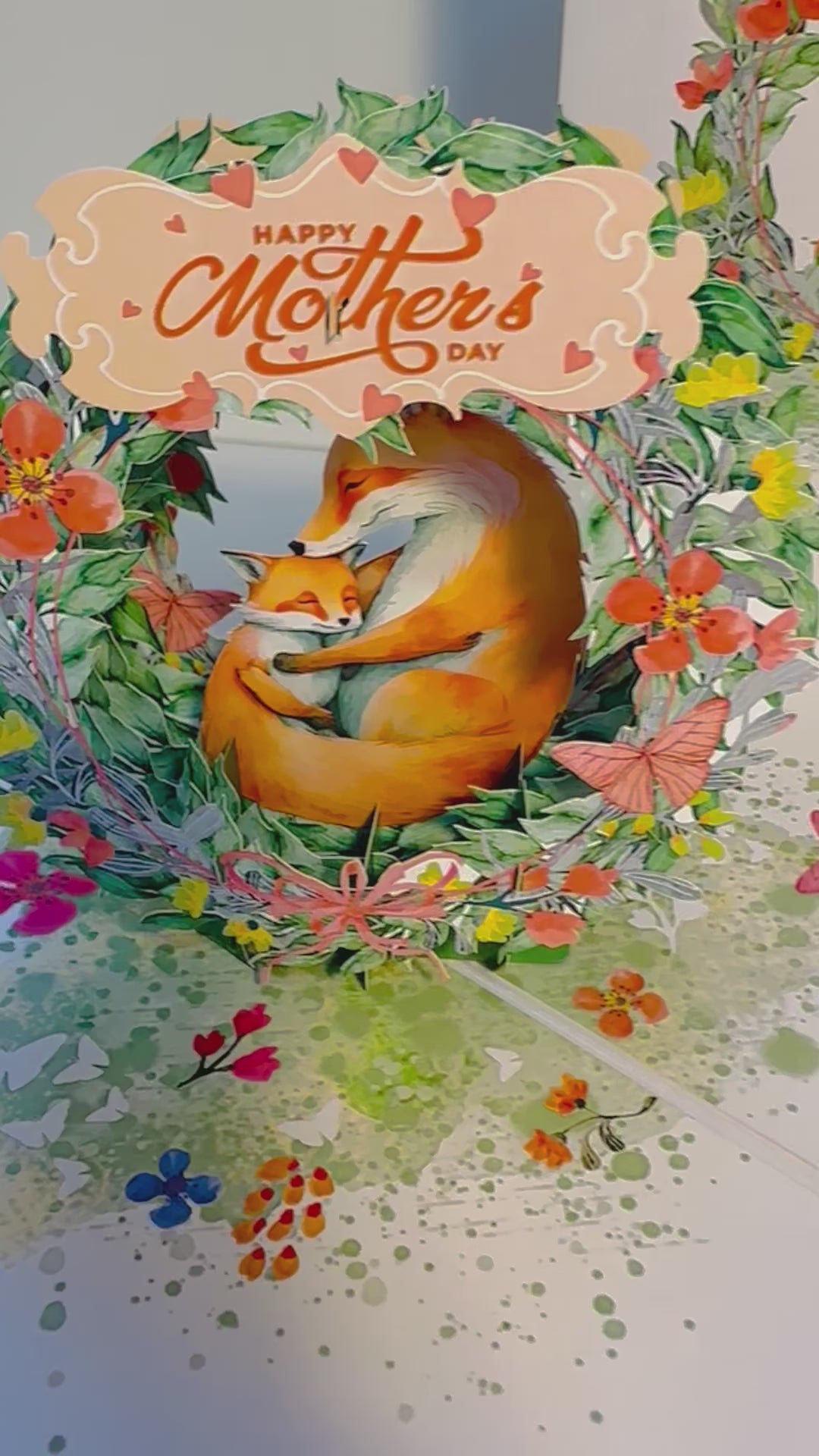 Happy Mother's Day - Sweet Mum & Baby Fox in Floral Wreath Origami Pop Cards 3D Pop Up Greeting Card Handmade Gift for Mum Floral Blank Card Australian Made Thank You Thinking of You Mother's Day Paper Art Gift Australian Flowers Celebrate Special Mum