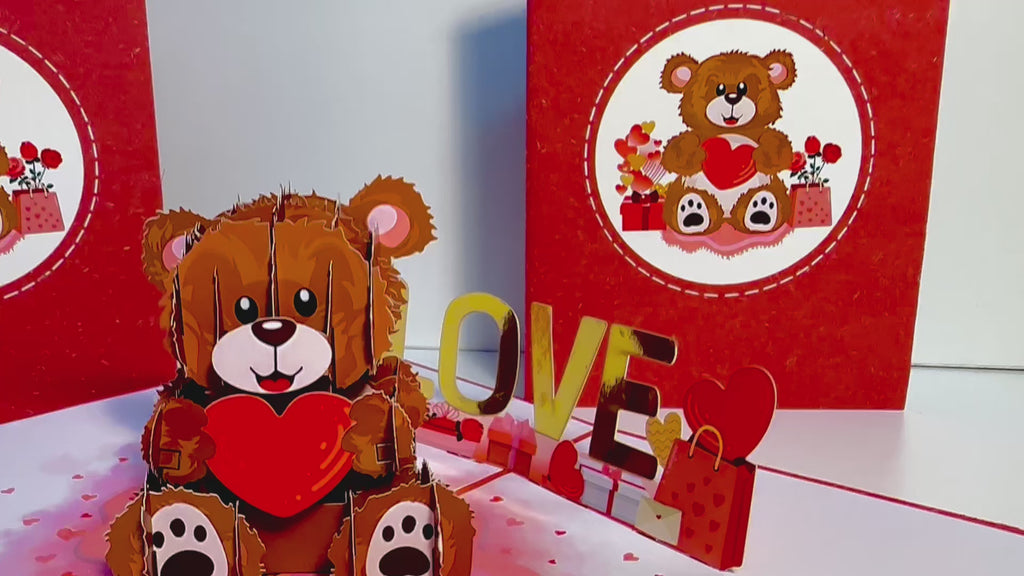LOVE Brown Teddy Holding a Love Heart & Presents 3D POP UP GREETING CARD - Created by Origami Pop Cards Australian Design & Handmade 3D Pop Up Magical Paper Cards, Handmade Pop Up Cards Happy Valentine's Day Celebrate Love Heart Fell and Romantic