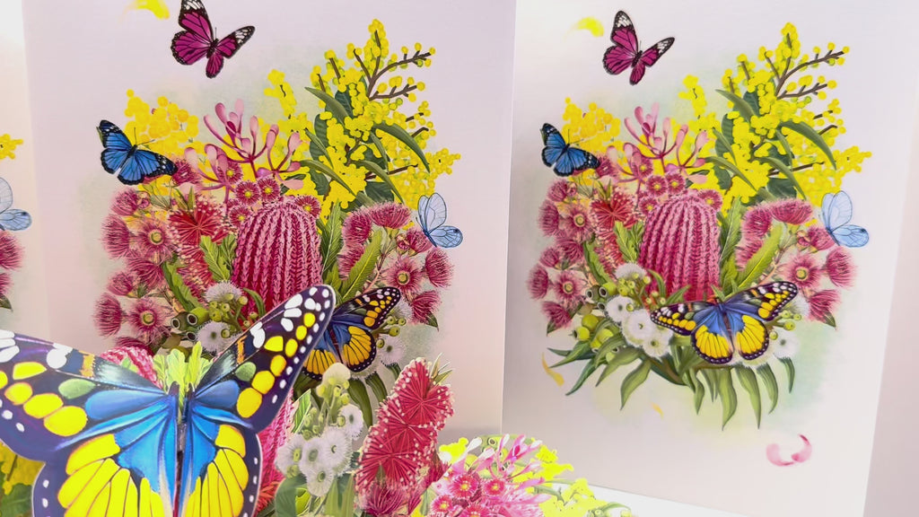 Spring Australian Native Garden with Butterflies Origami Pop Cards 3D Pop Up Greeting Card Happy Birthday Thank You Handmade Gift Thinking of You Blank Card for Any Occasion Happy Mother's Day Happy Father's Australiana Celebrate the Beauty of Flower