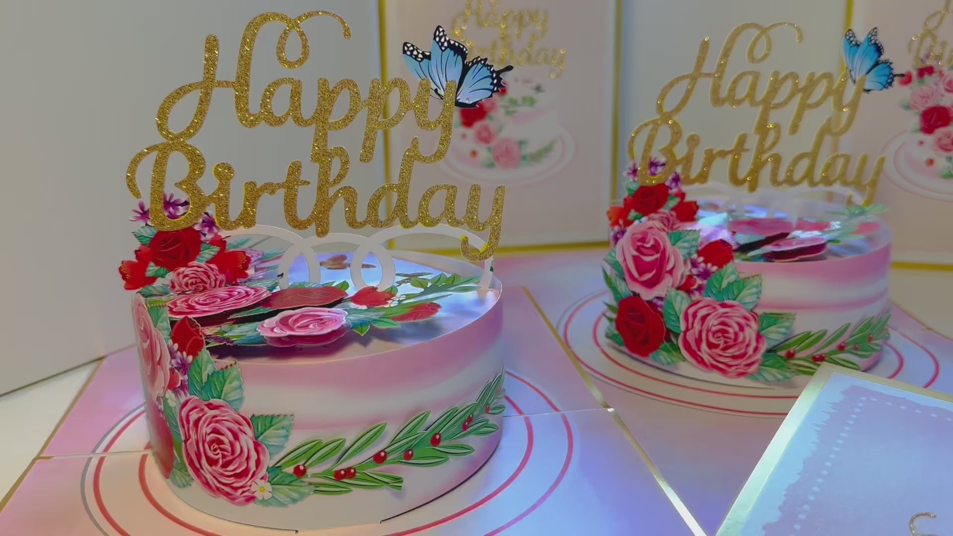 LUXURY Gold Happy Birthday Cake with Blue Butterflies Origami Pop Cards 3D Pop Up Greeting Card Thank You Handmade Gift Thinking of You Happy Birthday Occasion Australiana Celebrate the Beauty and Happiness During Special Day Best Wishes Gift