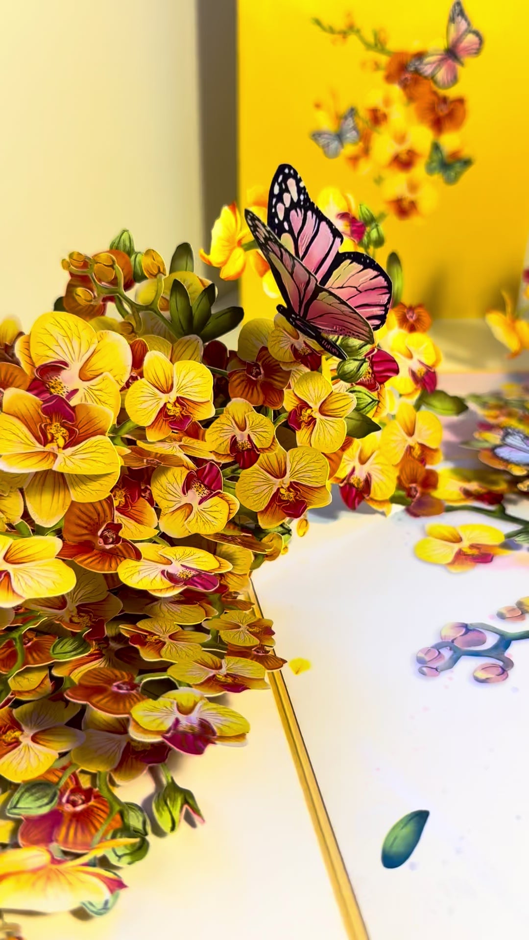 Yellow Golden Orchid Garden with Butterflies Origami Pop Cards 3D Pop Up Greeting Card Best Wishes Happy Birthday Thank You Handmade Best Wishes Blank Card for Any Occasion Happy Mother's Day Happy Father's Day Celebrate The Beauty of Flower and Nature