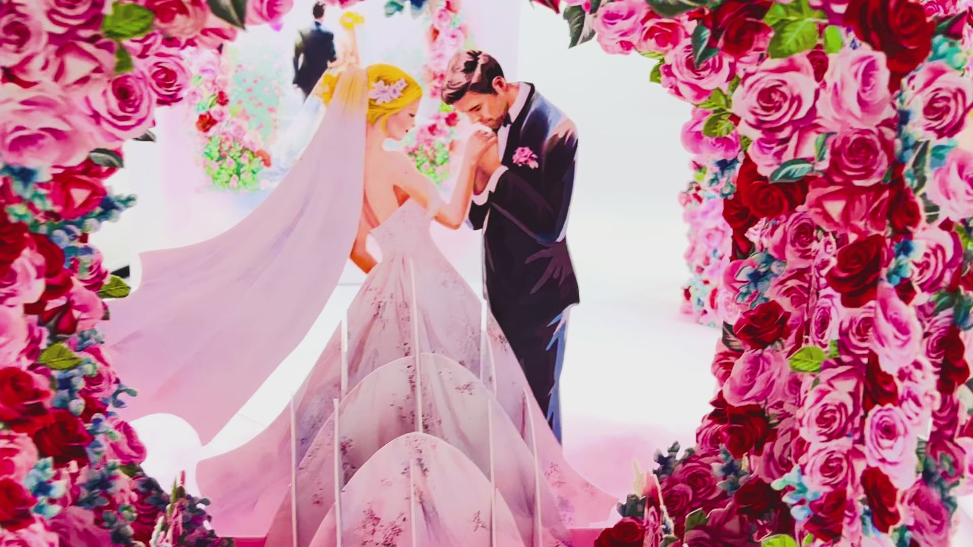 Blonde - Meridian Pink & Red Rose Arch with Bride & Groom Created by Origami Pop Cards – 3D Pop Up Greeting Cards, Australian Design & Handmade, 3D Pop Up Magical Paper Cards, Handmade Pop Up Cards Celebrate Love Anniversary Heart Fell and Romantic