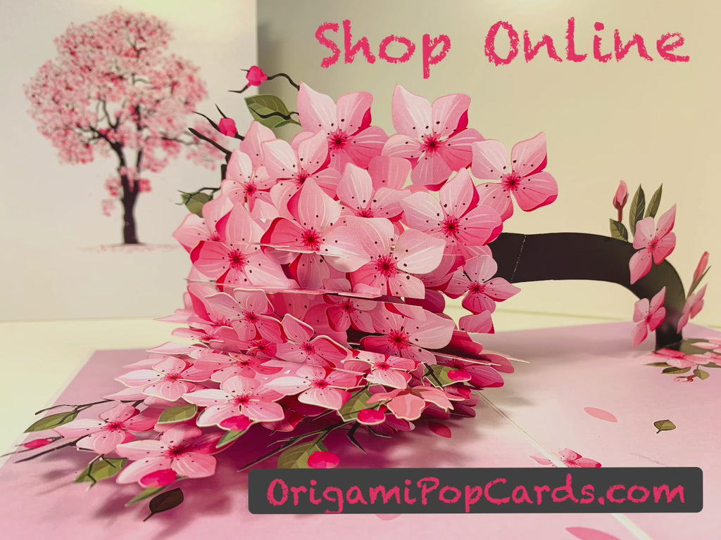 Hot Pink Weeping Cherry Blossom Sakura Tree Origami Pop Cards 3D Pop Up Greeting Card Best Wishes Happy Birthday Gift Thank You Handmade Best Wishes Blank Card for Any Occasion Happy Mother's Day Happy Father's Day Celebrate The Beauty of Flower
