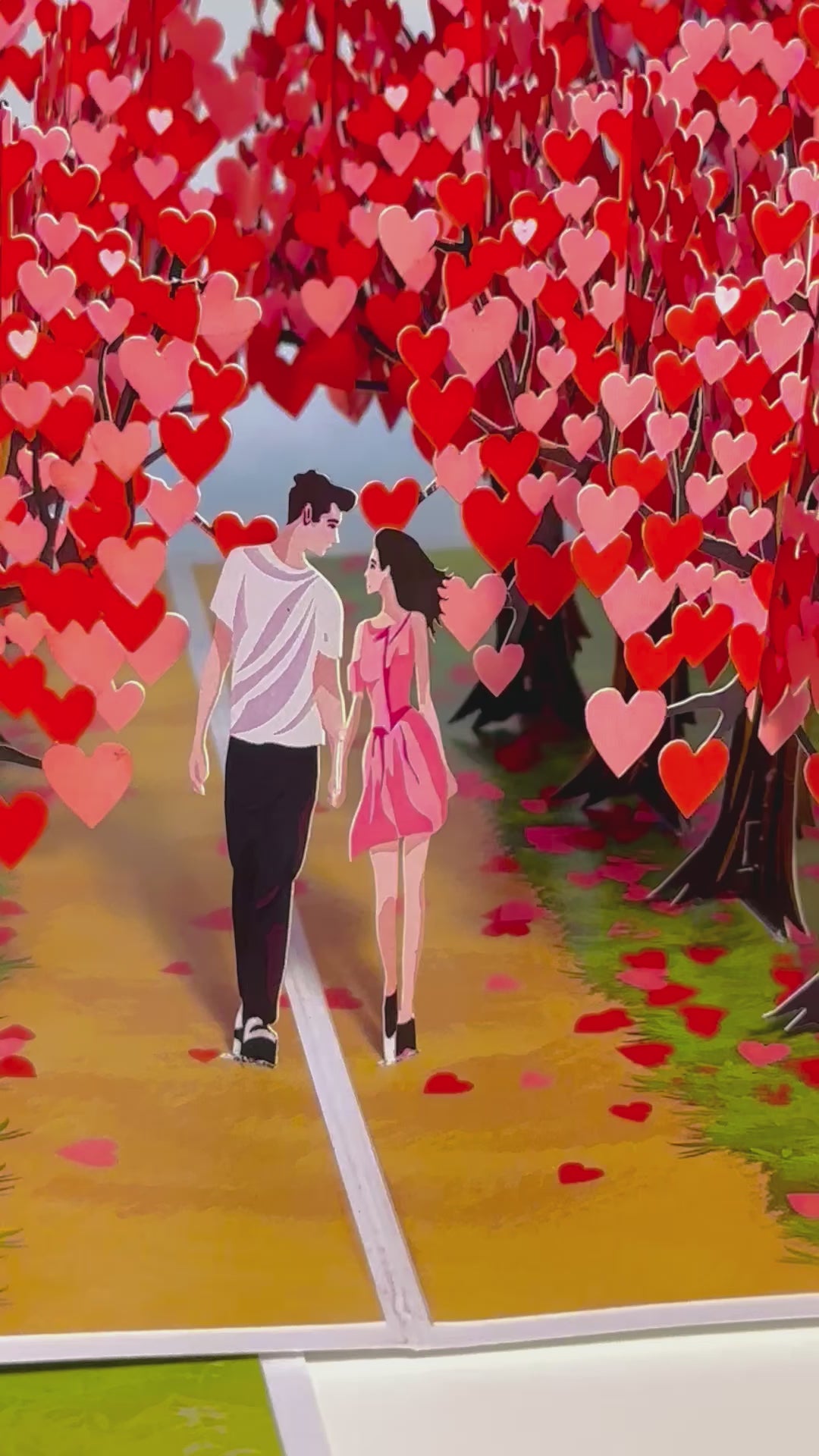 Love Heart Cherry Blossom Forest with a Couple in Love 3D POP UP GREETING CARD - Created by Origami Pop Cards Australian Design & Handmade 3D Pop Up Magical Paper Cards, Handmade Pop Up Cards Happy Valentine's Day Celebrate Love Heart Fell and Romantic