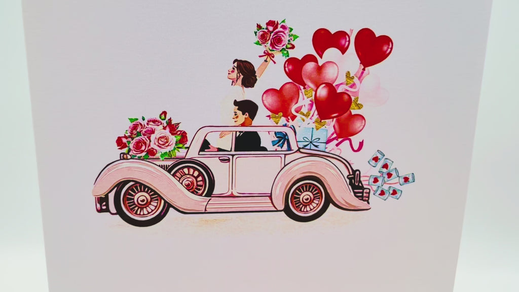 Vintage Wedding Car with Bride & Groom 3D POP UP GREETING CARD - Created by Origami Pop Cards – 3D Pop Up Greeting Cards, Australian Design & Handmade, 3D Pop Up Magical Paper Cards, Handmade Pop Up Cards Celebrate Love Anniversary Heart Fell and Romantic