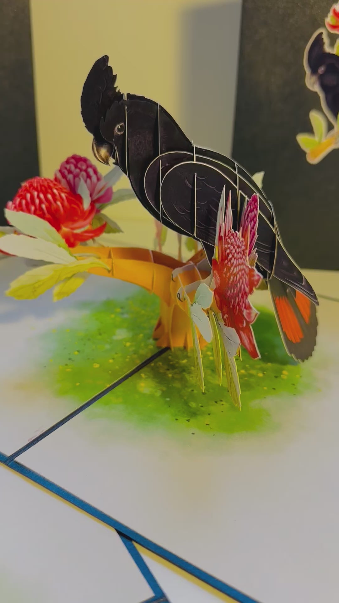 Red-Tailed Black Cockatoo with Red Waratahs - Australian Bird Origami Pop Cards 3D Pop Up Greeting Card Happy Birthday Thank You Handmade Gift Thinking of You Blank Card for Any Occasion Happy Mother's Day Happy Father's Australiana Birds