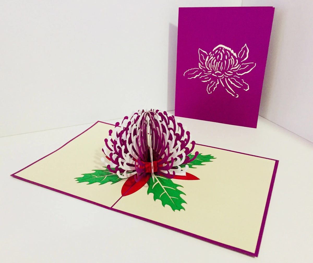 Waratah Australian Native Flower in Purple & White Origami Pop Cards 3D Pop Up Greeting Card Happy Birthday Thank You Handmade Gift Thinking of You Blank Card for Any Occasion Happy Mother's Day Happy Father's Australiana (Copy)