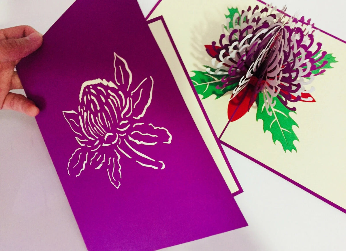 Waratah Australian Native Flower in Purple & White Origami Pop Cards 3D Pop Up Greeting Card Happy Birthday Thank You Handmade Gift Thinking of You Blank Card for Any Occasion Happy Mother's Day Happy Father's Australiana (Copy)